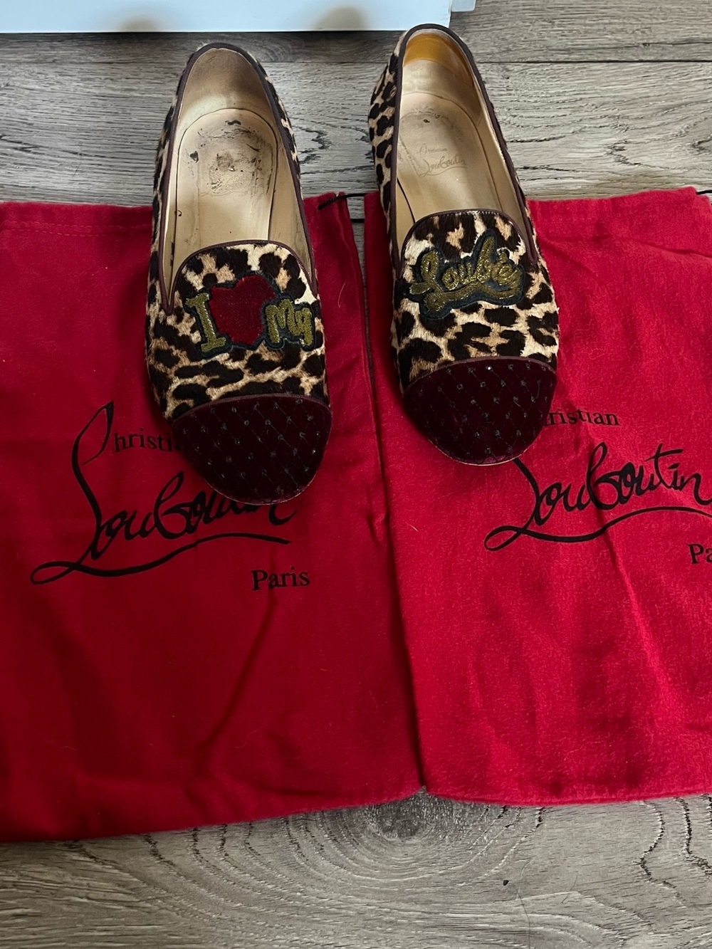 Christian Louboutin Leopard Patch Slip-On Flats with Burgundy Cap Toe
